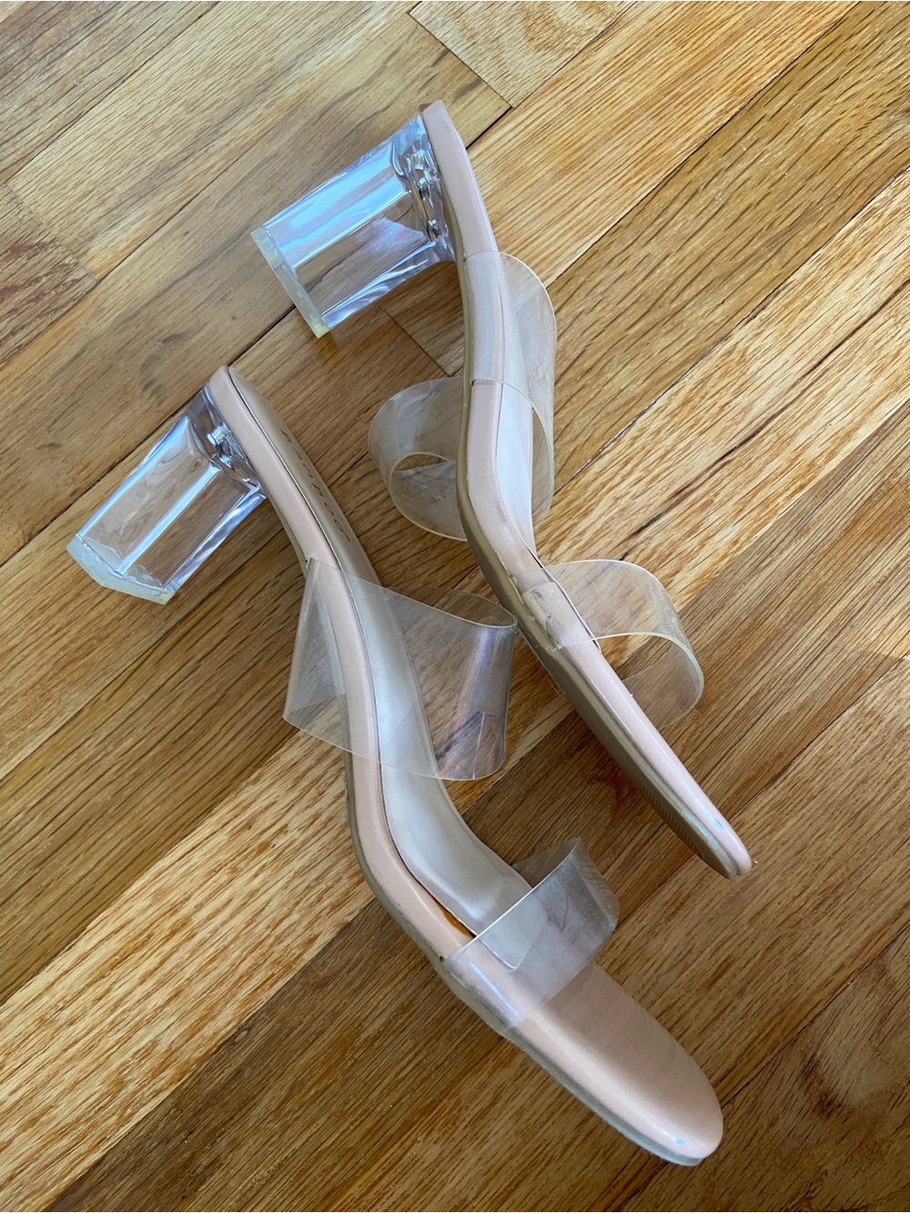 Bamboo Clear Strap Block Heel Sandals, Nude, Size 8.5